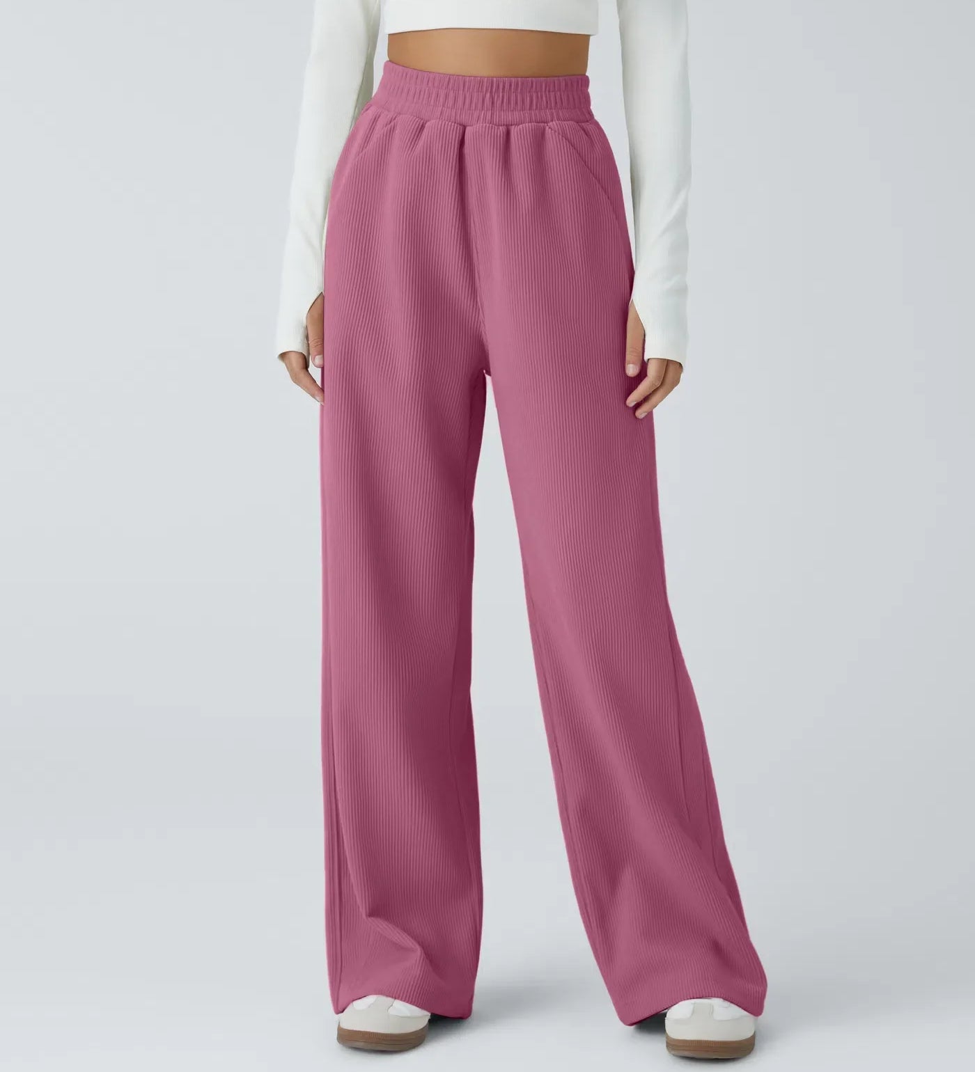 Zuzana | Ležérní rovné kalhoty z manšestru s vysokým pasem a kapsami