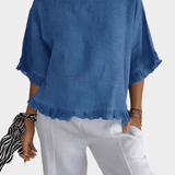 Top leggero in lino con volant e arricciature